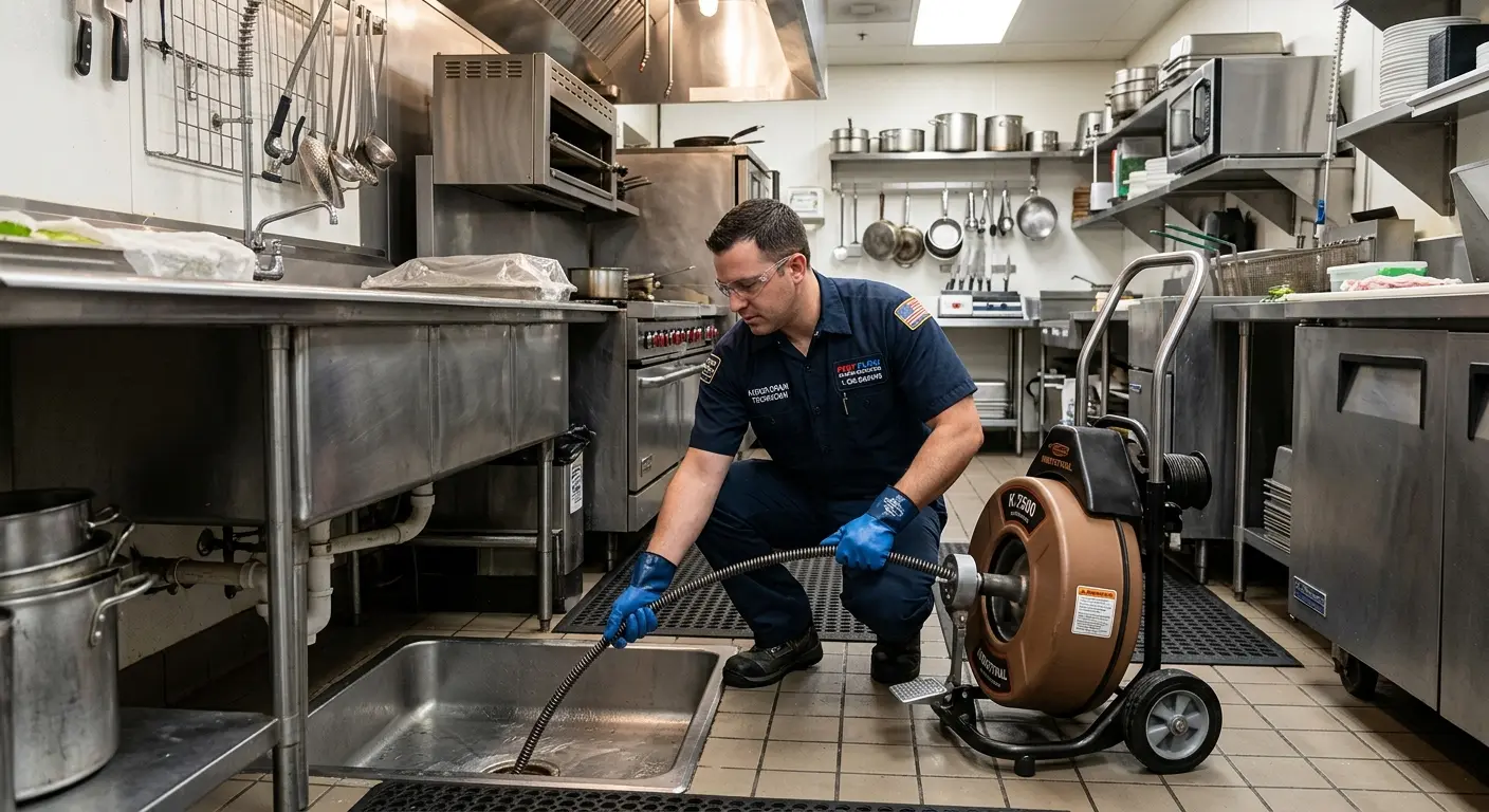 Commercial drain cleaning service in a restaurant kitchen in Colton