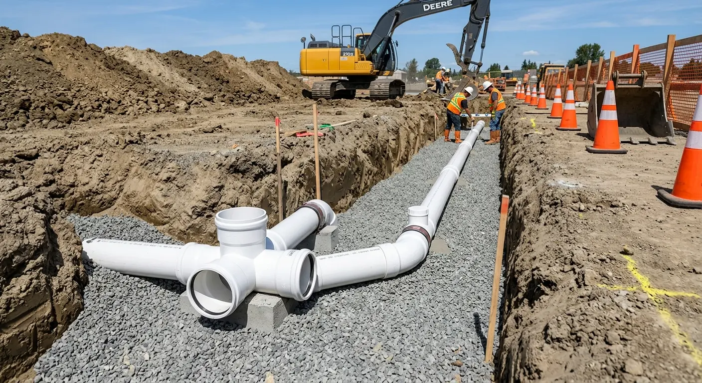 New PVC sewer pipe installation in open trench for Grease Trap Cleaning in Colton