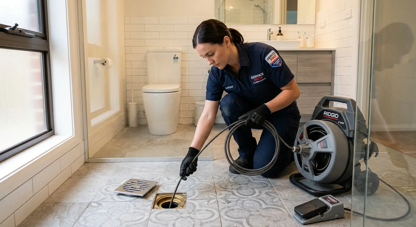 Technician clearing a bathroom floor drain for Sewer Line Installation in Colton